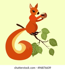 Red squirrel on a branch of hazel