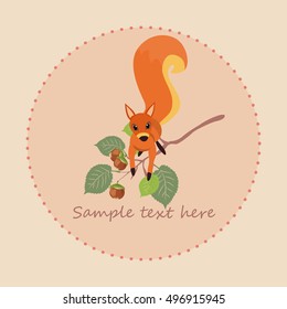 Red squirrel on a branch with nuts