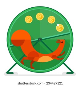Red squirrel on running wheel is making money. Flat style illustration of endless working process in an office.