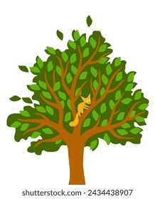 Red squirrel on a tree. Summer in the park. Vector image for prints, poster and illustrations.