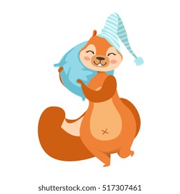 Red Squirrel With A Pillow Going To Sleep Humanized Cartoon Cute Forest Animal Character Childish Illustration