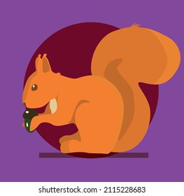Red squirrel sits and eats a nut