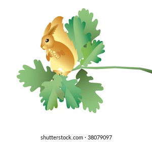 A red squirrel sits on the branch of oak on a white background