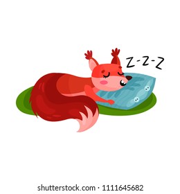 Red squirrel sleeping on soft pillow outdoor. Small forest rodent napping on green grass. Flat vector for sticker or children book