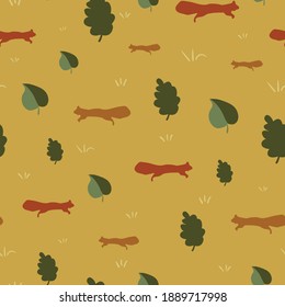 Red squirrels and tree leaves seamless vector pattern. Woodland themed surface print design for fabrics, stationery, scrapbook paper, gift wrap, textiles, backgrounds, and packaging.