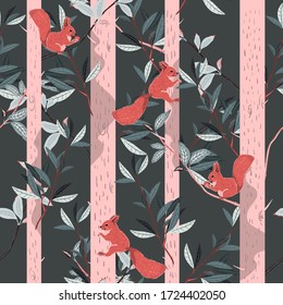 Red squirrels, trunks and branches of forest trees on a grey color background. Seamless vector pattern with hand-drawn animals and plants. Square repeating design for fabric and wallpaper.
