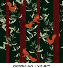 Red squirrels, trunks and branches of forest trees on a dark green color background. Seamless vector pattern with hand-drawn animals and plants. Square repeating design for fabric and wallpaper.
