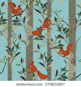 Red squirrels, trunks and branches of forest trees on a light blue, turquoise background. Seamless vector pattern with hand-drawn animals and plants. Square repeating design for fabric and wallpaper.