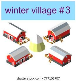 the red stables. With white Windows, paddock and sliding doors. Stone Foundation. The roof is covered with snow. Winter. 4. Rotated in four dimensions. Without a shadow