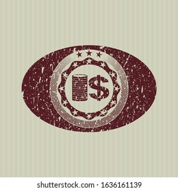 Red stack of coins icon inside distressed rubber grunge stamp