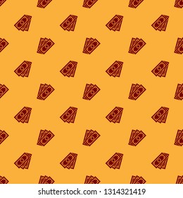 Red Stacks paper money cash icon isolated seamless pattern on brown background. Money banknotes stacks. Bill currency. Vector Illustration