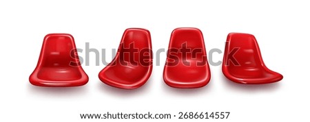 Red stadium seats set isolated on white background. Vector realistic illustration of 3D plastic chair front and side view, bleacher armchair for match spectators comfort, sports arena design element