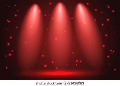 Fondo rojo de la etapa, iluminación dramática abstracta, etapa del teatro con 3 proyectores que brillan en el piso, brillante, diseño de la Ilustración vectorial para el espectáculo, presentación, producto de la exhibición, Anuncio de la venta, EPS 10
