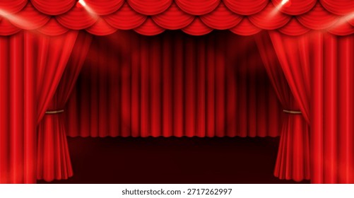 Cortina de escenario roja con dramáticos rayos de luz que iluminan las cortinas de terciopelo. Telón de fondo del teatro con cortinas carmesí abiertas con efectos de luz brillante para el espectáculo de Broadway o la escena de la ópera.