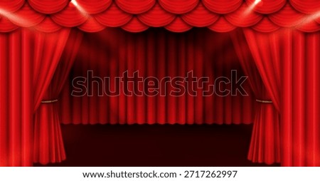Red stage curtain with dramatic spotlight beams illuminating velvet drapes. Theater backdrop with crimson curtains pulled open with glowing light effects for Broadway show or opera performance scene.