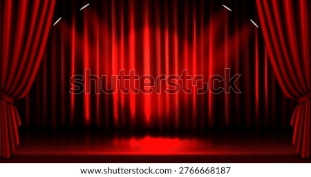 Red stage curtain with dramatic spotlight beams illuminating velvet drapes. Theater backdrop with crimson curtains pulled open with glowing light effects for Broadway show or opera performance scene.