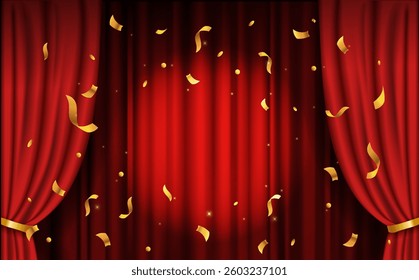 Red stage curtain with golden confetti and sparkles on a dark background. The scene represents celebration, theater, luxury, and grand openings. Vector illustration