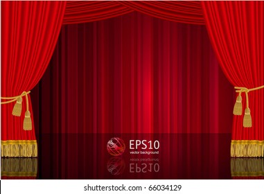 Red stage curtain. Highly realistic vector template.