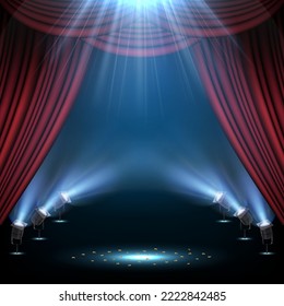 Red stage curtain illuminated by spotlights. Vector illustration