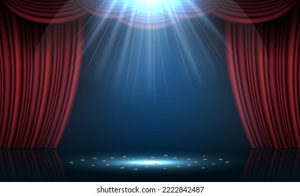 Red stage curtain illuminated by spotlights. Vector illustration