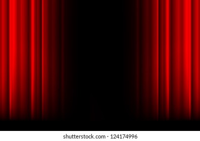 Red stage curtain with light, shadow and black space in middle