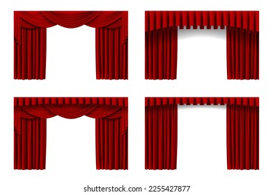 Red stage curtain. Opera or cinema luxury drapery for interior decoration design. Realistic classic concert, or show hall decor isolated vector set. Scarlet silk velvet curtains for ceremony