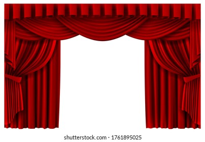 Red stage curtain. Realistic theater scene backdrop, cinema premiere portiere drapes, ruddy ceremony curtains vector template illustration. Red curtain to show premiere, stage realistic entrance