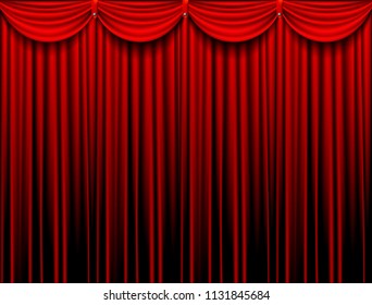 Red stage curtain realistic vector illustration for theater or opera scene backdrop, concert grand opening or cinema premiere. Red curtains or portiere drapes for ceremony performance design template
