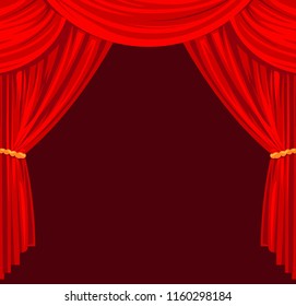 Red stage curtain realistic vector illustration for theater or opera scene backdrop, concert grand opening or cinema premiere. Red curtains or portiere drapes for ceremony performance design template