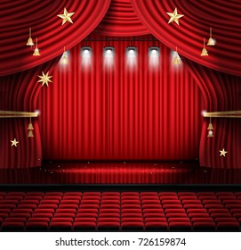 Red Stage Curtain with Seats and Spotlights. Vector illustration. Theater, Opera or Cinema Scene. Light on a Floor.