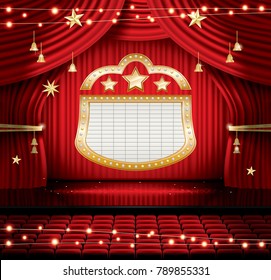 Red Stage Curtain with Seats and Spotlights. Vector illustration. Theater, Opera or Cinema Scene. Light on a Floor.