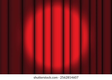 Red stage curtain. Spotlight shining center. Dramatic theater view. Vertical stripe texture.