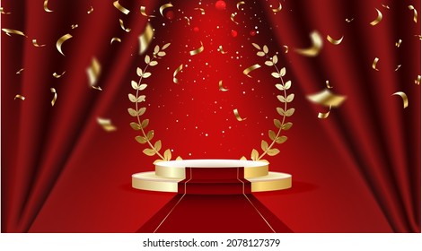 Red Stage Curtain with Spotlights, Seats and Golden Laurel Wreath. Vector illustration. Theater, Opera or Cinema Scene.