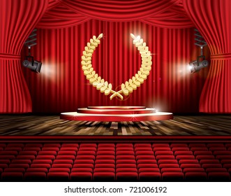 Red Stage Curtain with Spotlights, Seats and Golden Laurel Wreath. Vector illustration. Theater, Opera or Cinema Scene. 