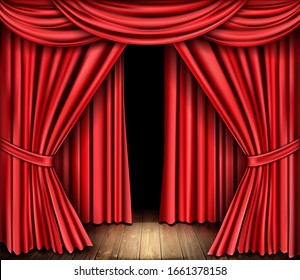 Red Stage Curtain Wooden Floor Theater Stock Vector (Royalty Free ...