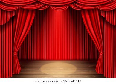 Red stage curtain and wooden floor realistic vector. Theater, opera scene drape backdrop, concert grand opening or cinema premiere backstage, portiere for ceremony performance template 3d illustration
