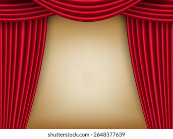 Red stage curtains drape with a rich, velvety appearance, beige background, theatrical setting, performance or presentation