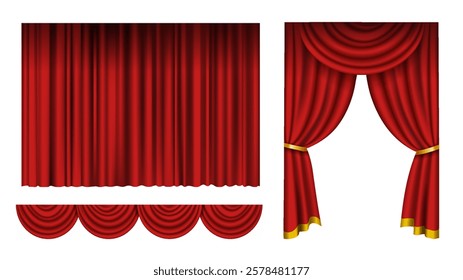 Red stage curtains with golden accents, displayed in various styles on a white background. Concept of theater, performance, and elegance. Vector illustration