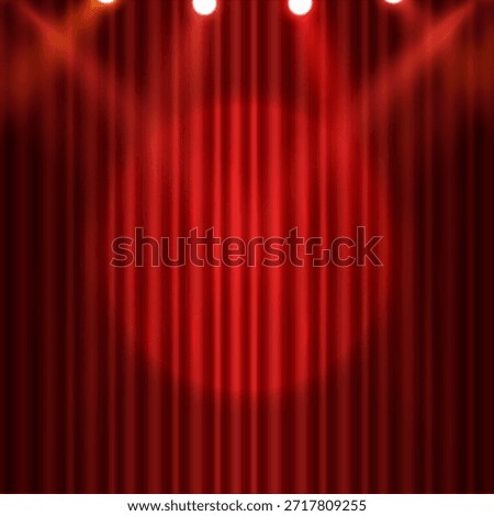 Red Stage curtains with stage spotlight background and golden ties. Red curtain with many folds background texture.
