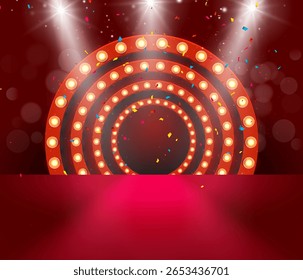 Red stage with glowing circular lights, confetti, and spotlights on dark background for celebration event or entertainment show backdrop.