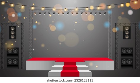 red stage and hanging light on truss system in the dark room