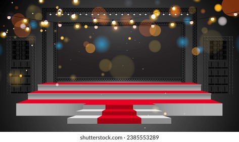 red stage and hanging light on truss system in the dark room