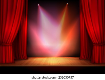 Red stage open theater velvet curtain with lights spots vector illustration