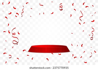 Red Stage Podium With Confetti And Streamer Ribbon On Transparent Background. Vector Illustration