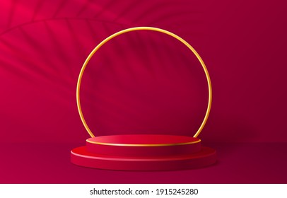 Red Stage Podium With Lighting, Stage Podium Scene With For Award Ceremony On Color Background. Vector Illustration