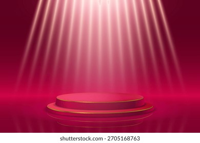 Red stage podium with stage lighting. Vector illustration.