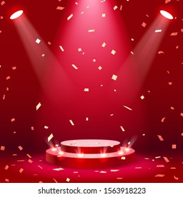 Red stage podium with spotlight and confetti background