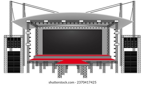 escenario rojo y altavoz con pantalla liderada en el sistema de truss sobre el fondo blanco