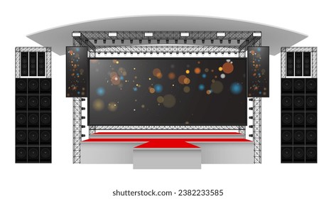 red stage and speaker with led screen on the truss system on the white background