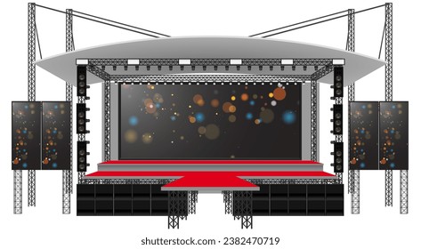 red stage and speaker with led screen on the truss system on the white background